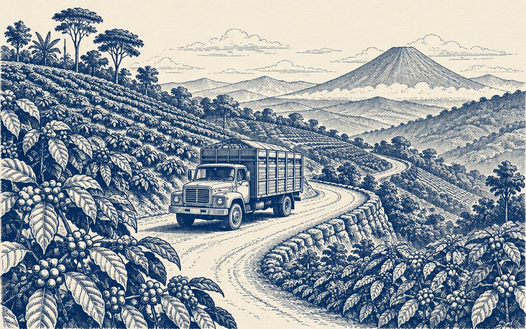 Ilustración de camión en carretera de montaña entre cafetales